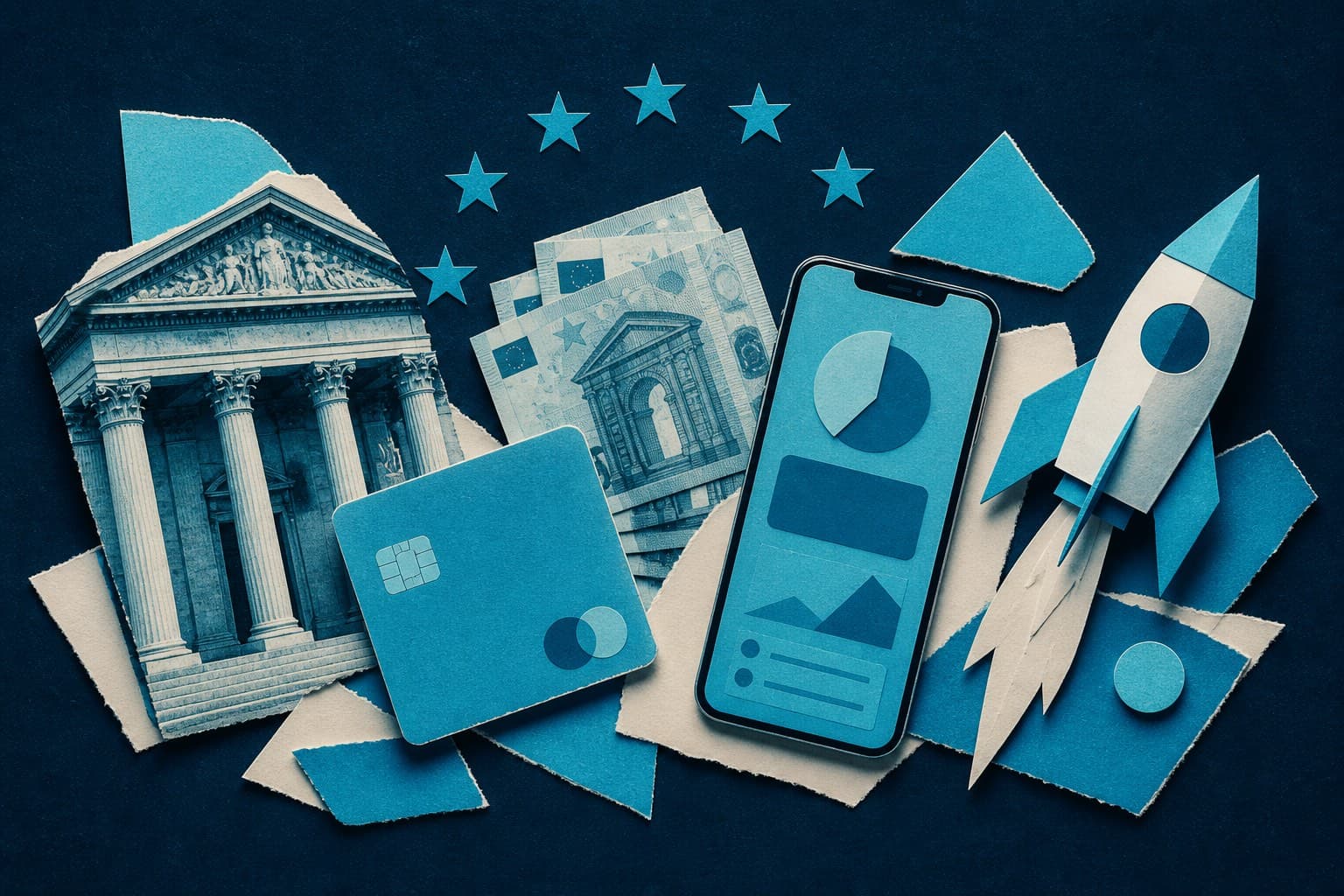 Paper collage of EU startup banking themes: a bank card, euro notes, a rocket, and the stars of the EU flag