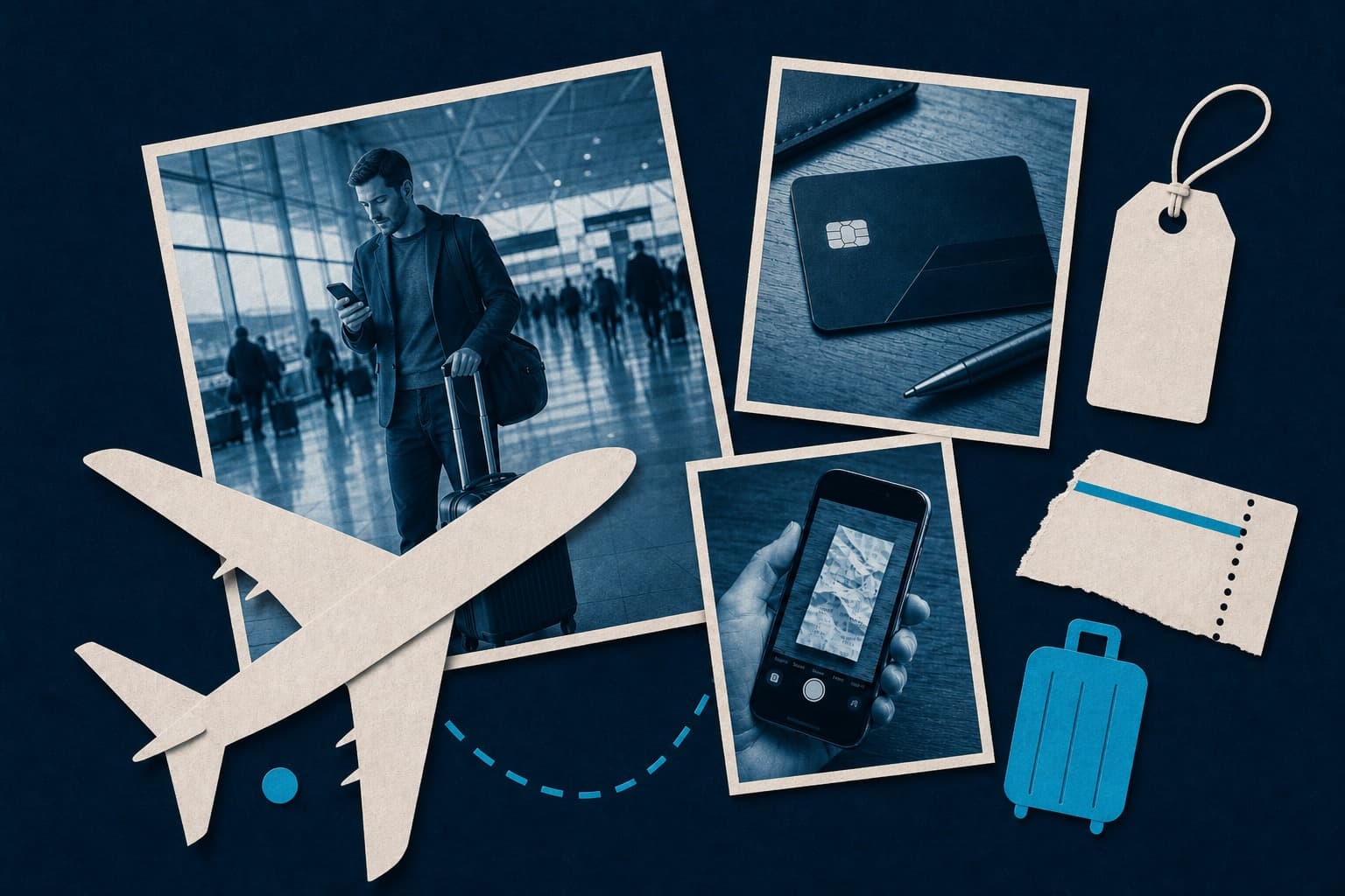 Collage of travel and expense themes: a traveler on his phone in an airport, a paper airplane with a dashed flight path, a luggage tag, a phone photographing a receipt, and a corporate card