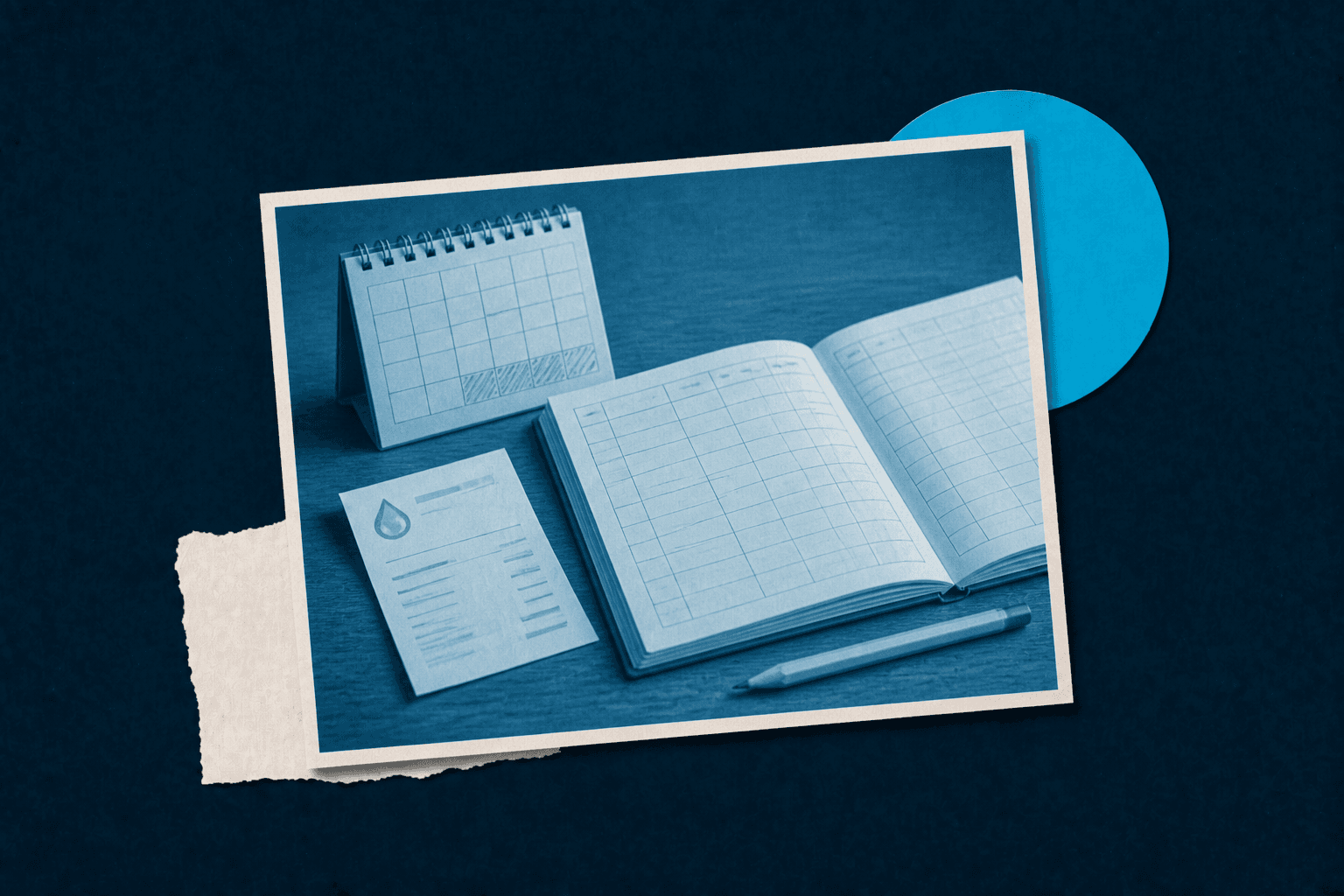 A month-end calendar, utility bill, and accounting ledger illustrating accrual accounting