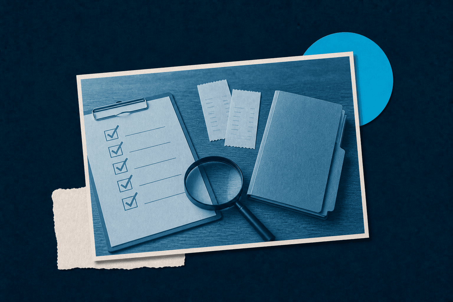 A checklist, receipts, magnifying glass, and folder illustrating audit controls