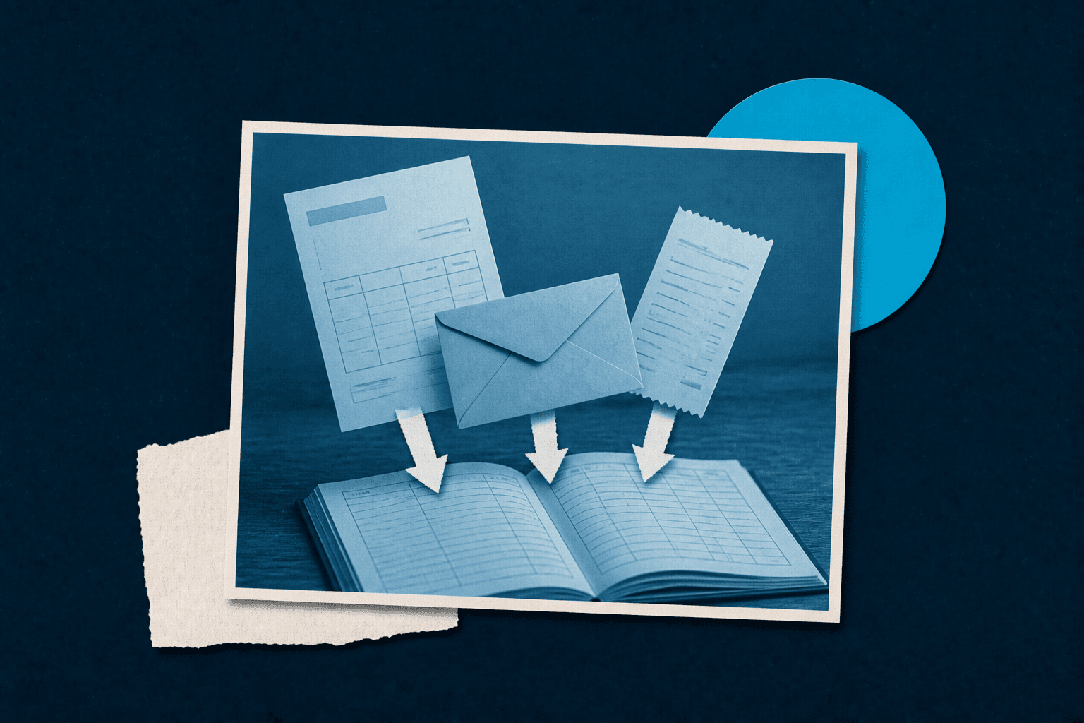An invoice, envelope, receipt, and ledger illustrating accounts receivable