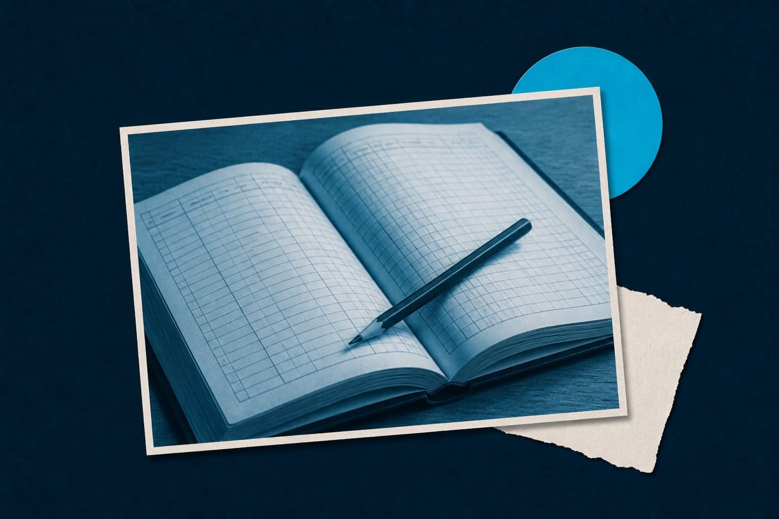 Cyan-duotone photo of an open ledger and pencil on a navy field