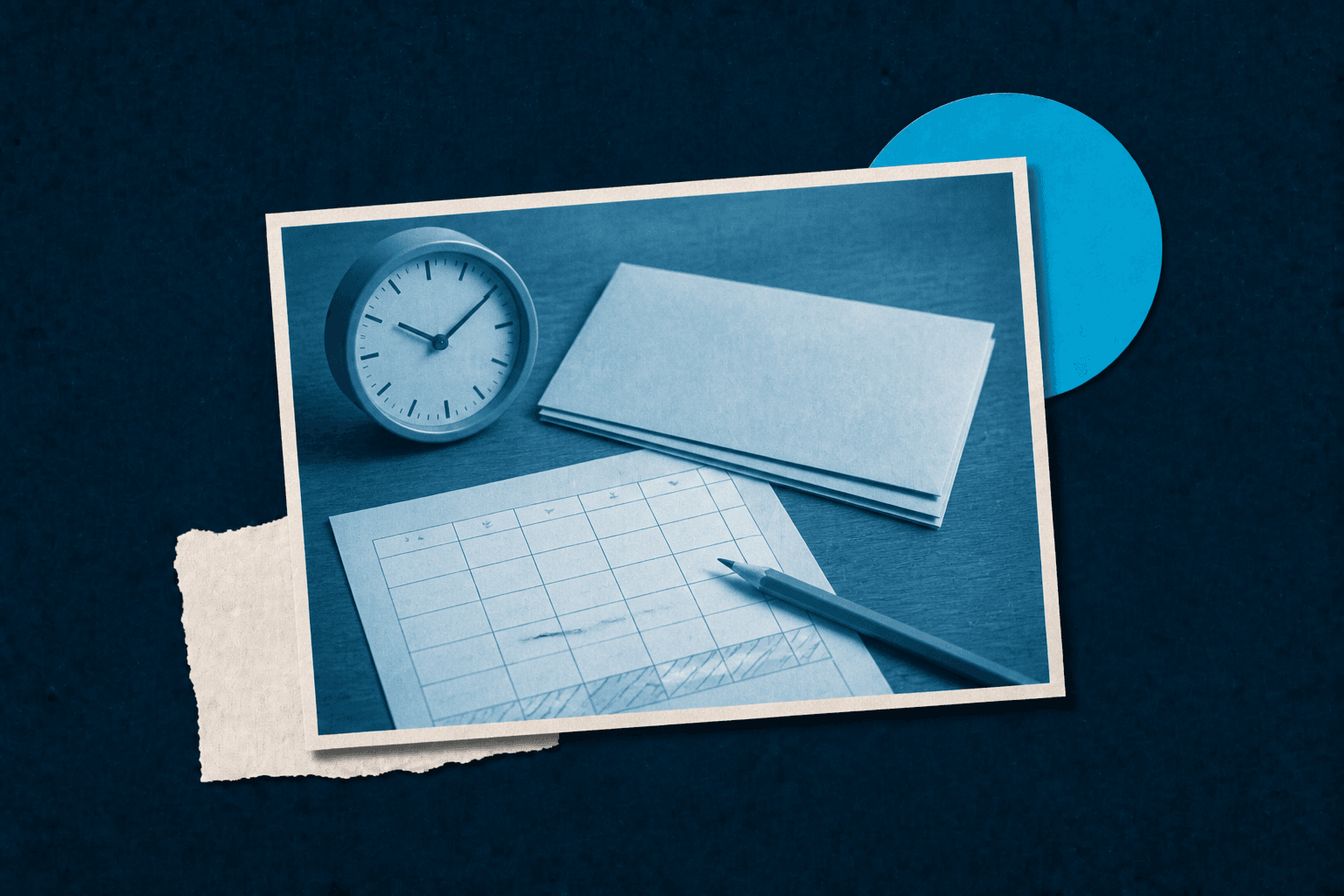 A timesheet, pay envelope, clock, and pencil illustrating payroll