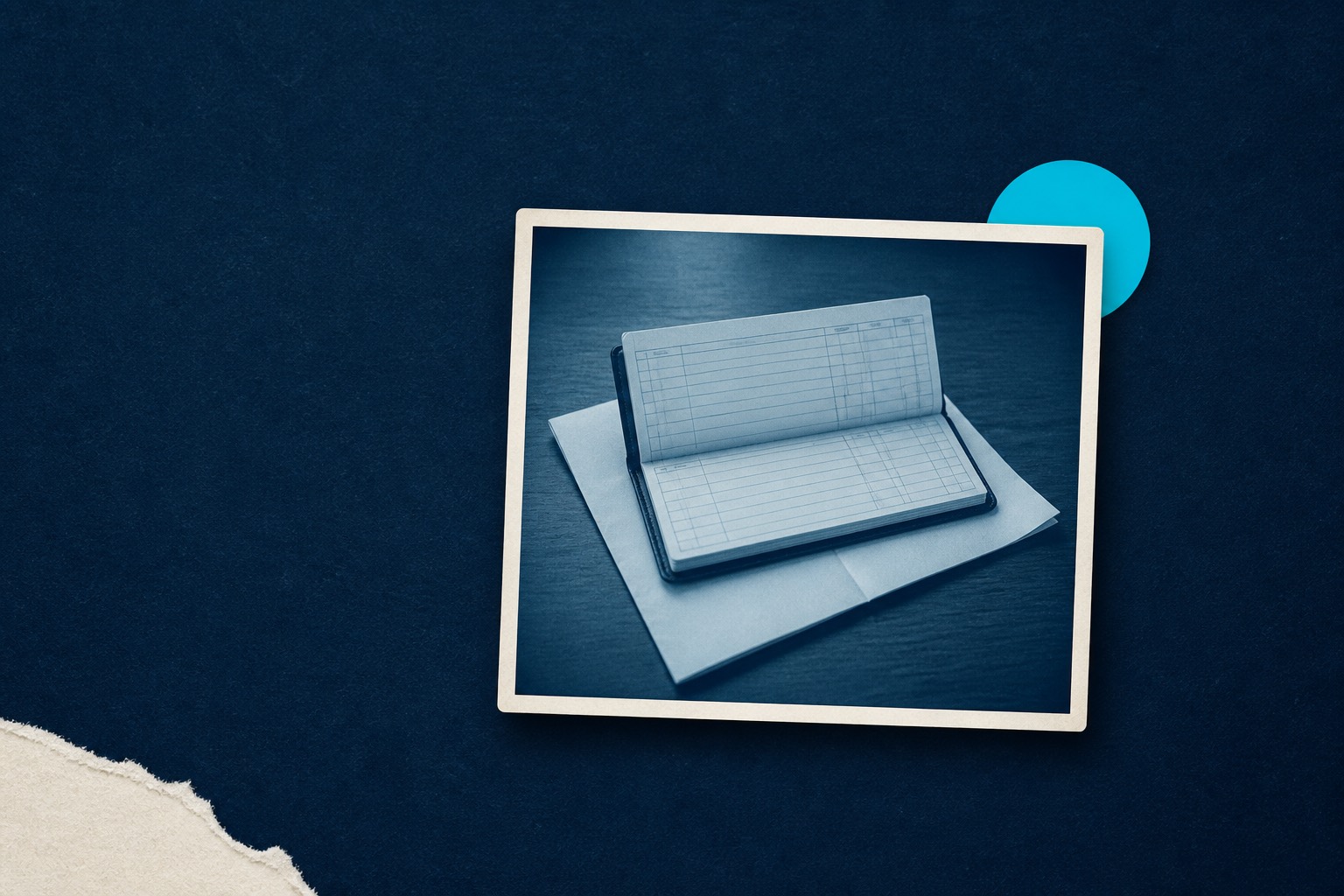 Cyan-duotone photo of a checkbook on a folded bank statement, on a navy field