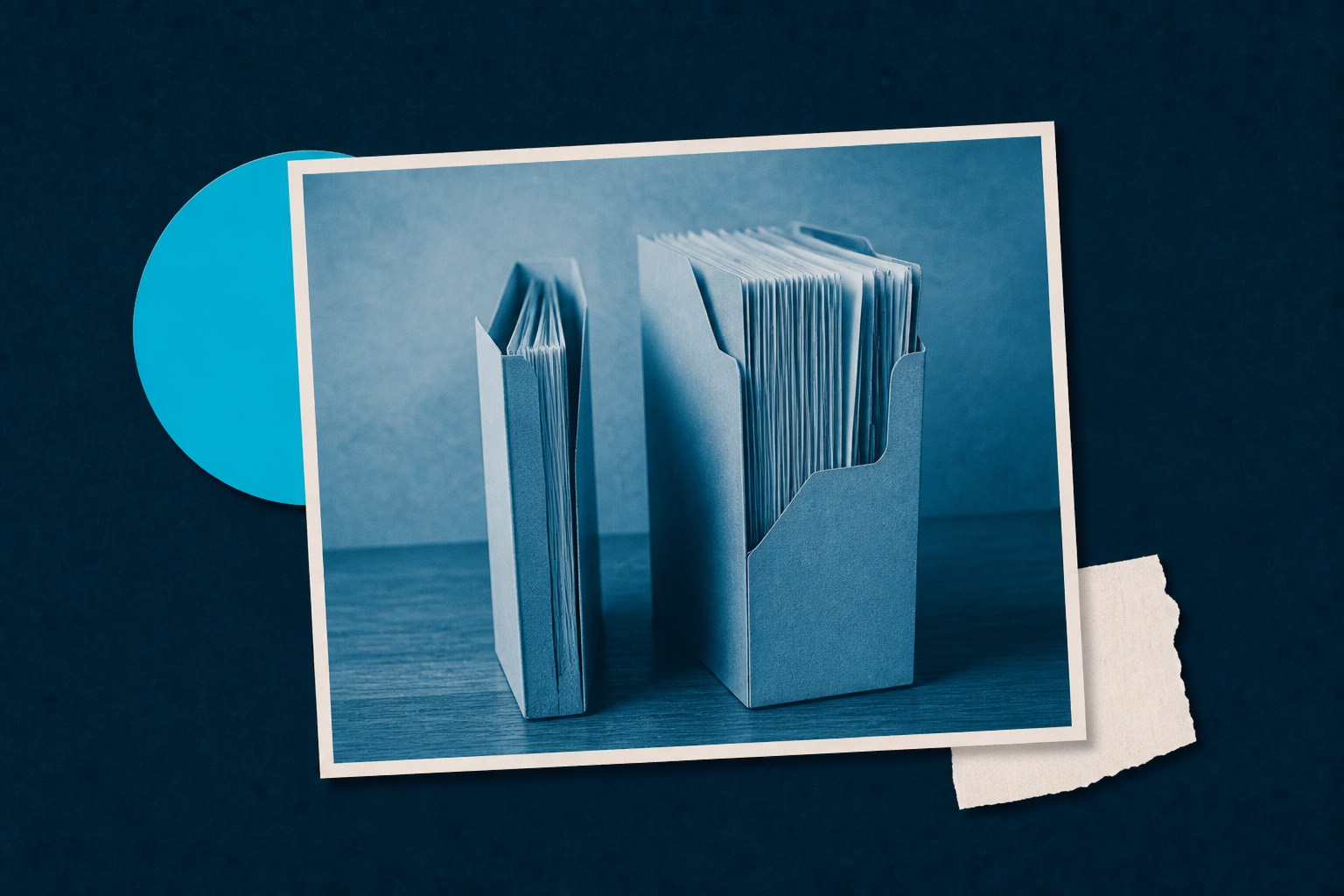 Cyan-duotone photo of two office folders side by side, one thinner and one thicker